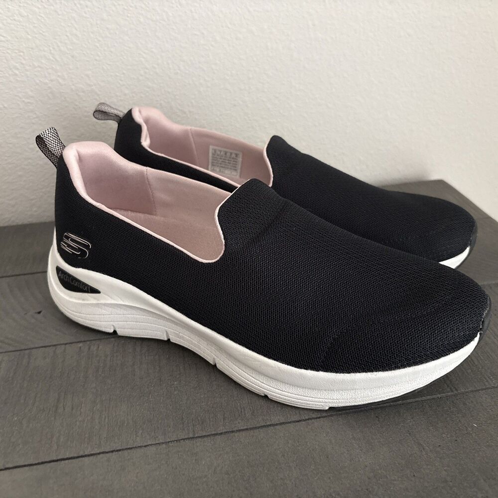 Skechers Arch Comfort Plus Slip On Womens Sz 10 Black Pink Walking Shoes